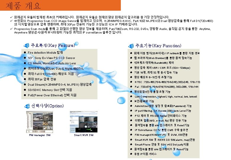 제품 개요 ü 화재감지 모듈이 탑재된 최초의 카메라입니다. 화재감지 모듈은 현재의 영상 화재감지 알고리즘