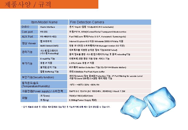 제품사양 / 규격 Specification Item/Model Name Fire Detection Camera DI/DO Alarm Interface 센서 1