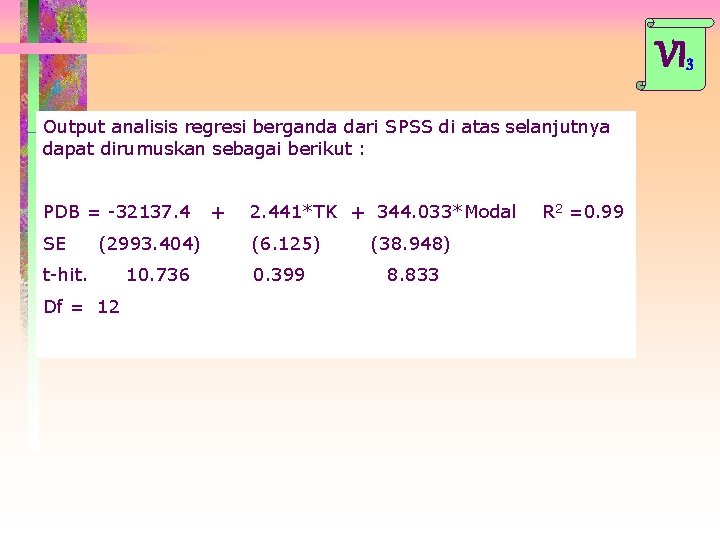 VI 3 Output analisis regresi berganda dari SPSS di atas selanjutnya dapat dirumuskan sebagai