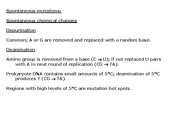 Spontaneous mutations: Spontaneous chemical changes Depurination Common; A or G are removed and replaced Spontaneous mutations: Spontaneous chemical changes Depurination Common; A or G are removed and replaced