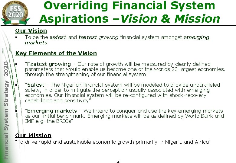 Overriding Financial System Aspirations –Vision & Mission Our Vision § To be the safest