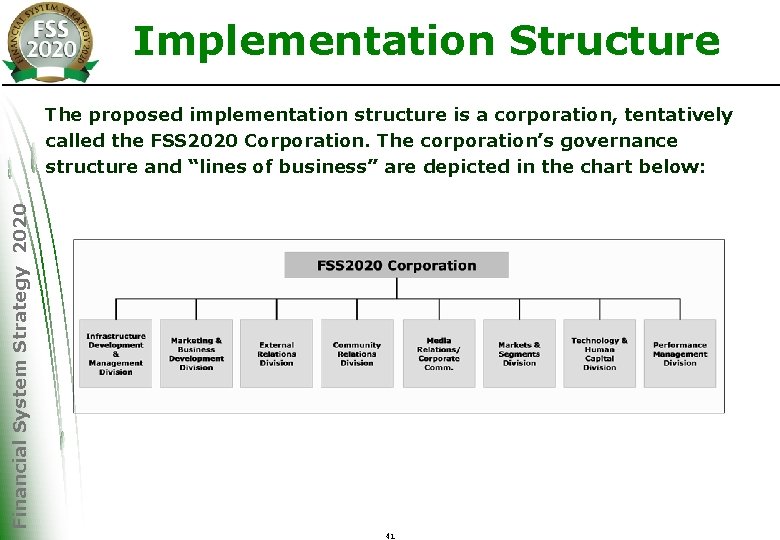 Implementation Structure Financial System Strategy 2020 The proposed implementation structure is a corporation, tentatively