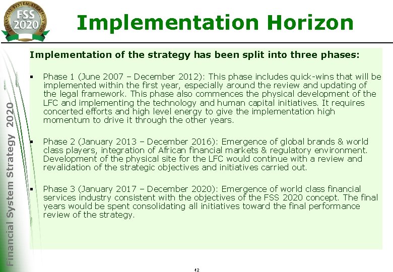 Implementation Horizon Financial System Strategy 2020 Implementation of the strategy has been split into