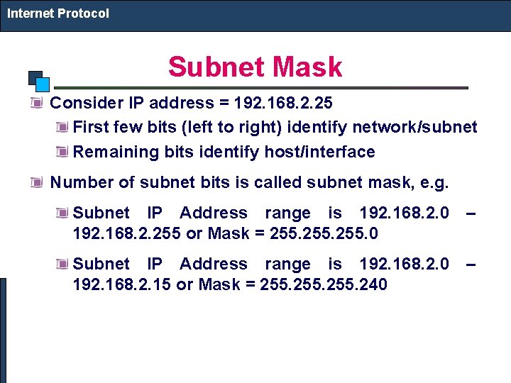 Internet Protocol Subnet Mask Consider IP address = 192. 168. 2. 25 First few