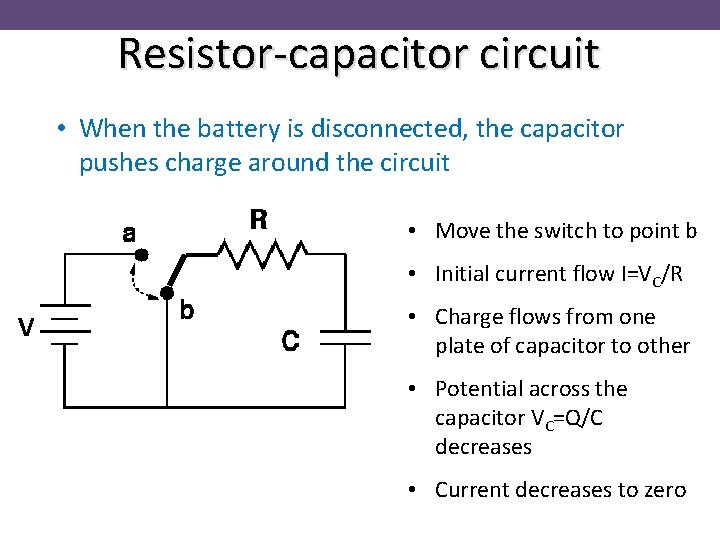 Resistor-capacitor circuit • When the battery is disconnected, the capacitor pushes charge around the