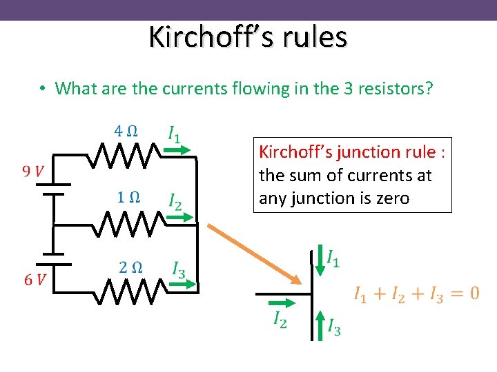 Kirchoff’s rules • What are the currents flowing in the 3 resistors? Kirchoff’s junction