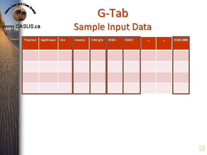 G-Tab Sample Input Data www. OASUS. ca Province Age. Group Sex Income SWeight BSW G-Tab Sample Input Data www. OASUS. ca Province Age. Group Sex Income SWeight BSW
