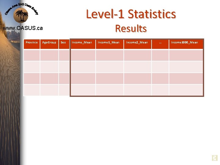 Level-1 Statistics Results www. OASUS. ca Province Age. Group Sex Income_Mean Income 1_Mean Income Level-1 Statistics Results www. OASUS. ca Province Age. Group Sex Income_Mean Income 1_Mean Income