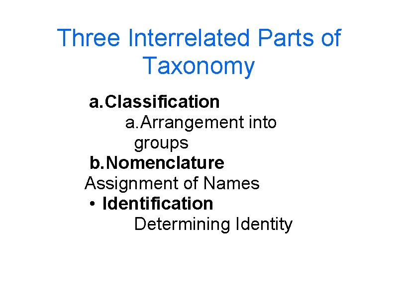 Three Interrelated Parts of Taxonomy a. Classification a. Arrangement into groups b. Nomenclature Assignment