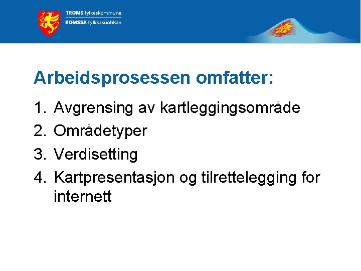 Arbeidsprosessen omfatter: 1. 2. 3. 4. Avgrensing av kartleggingsområde Områdetyper Verdisetting Kartpresentasjon og tilrettelegging