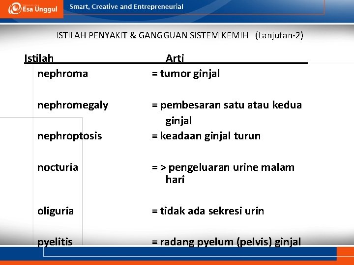 ISTILAH PENYAKIT & GANGGUAN SISTEM KEMIH (Lanjutan-2) Istilah nephroma nephromegaly nephroptosis Arti = tumor