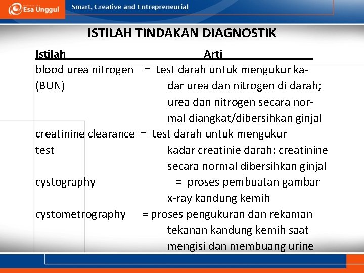 ISTILAH TINDAKAN DIAGNOSTIK Istilah Arti blood urea nitrogen = test darah untuk mengukur ka(BUN)