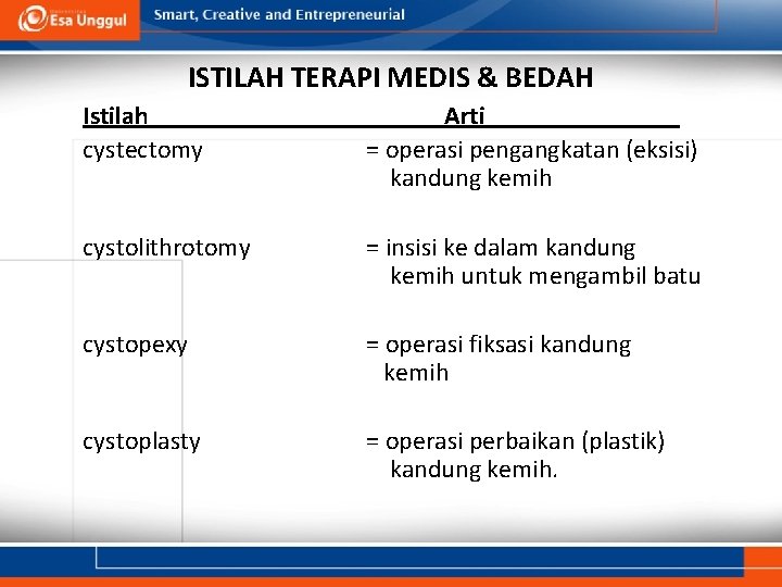 ISTILAH TERAPI MEDIS & BEDAH Istilah cystectomy Arti = operasi pengangkatan (eksisi) kandung kemih