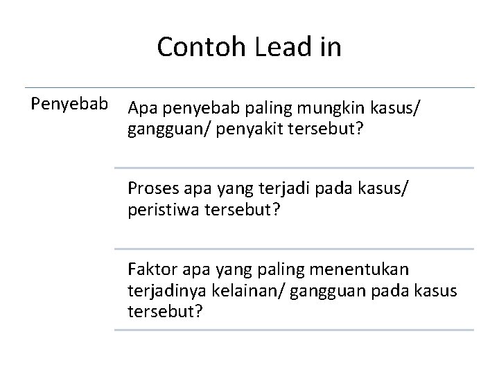 Contoh Lead in Penyebab Apa penyebab paling mungkin kasus/ gangguan/ penyakit tersebut? Proses apa