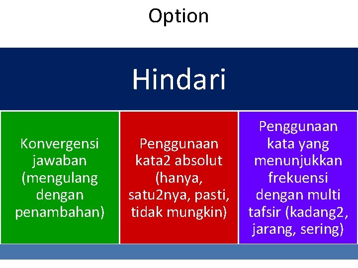 Option Hindari Konvergensi jawaban (mengulang dengan penambahan) Penggunaan kata 2 absolut (hanya, satu 2