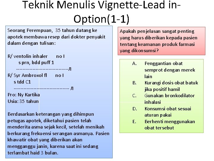 Teknik Menulis Vignette-Lead in. Option(1 -1) Seorang Perempuan, 35 tahun datang ke apotek membawa