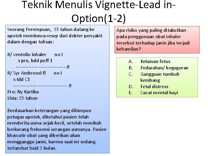 Teknik Menulis Vignette-Lead in. Option(1 -2) Seorang Perempuan, 35 tahun datang ke apotek membawa