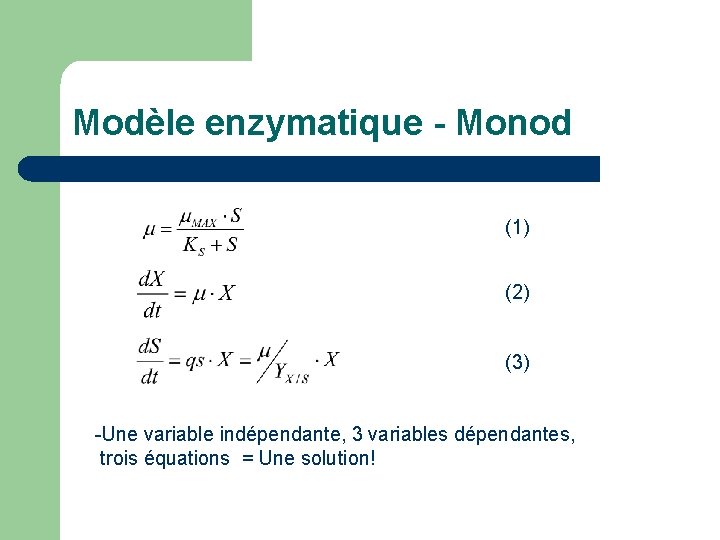Modèle enzymatique - Monod (1) (2) (3) -Une variable indépendante, 3 variables dépendantes, trois