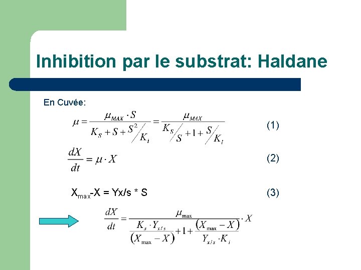 Inhibition par le substrat: Haldane En Cuvée: (1) (2) Xmax-X = Yx/s * S