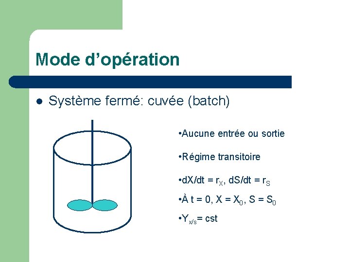 Mode d’opération l Système fermé: cuvée (batch) • Aucune entrée ou sortie • Régime