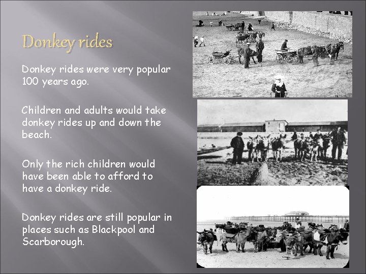 Donkey rides were very popular 100 years ago. Children and adults would take donkey Donkey rides were very popular 100 years ago. Children and adults would take donkey