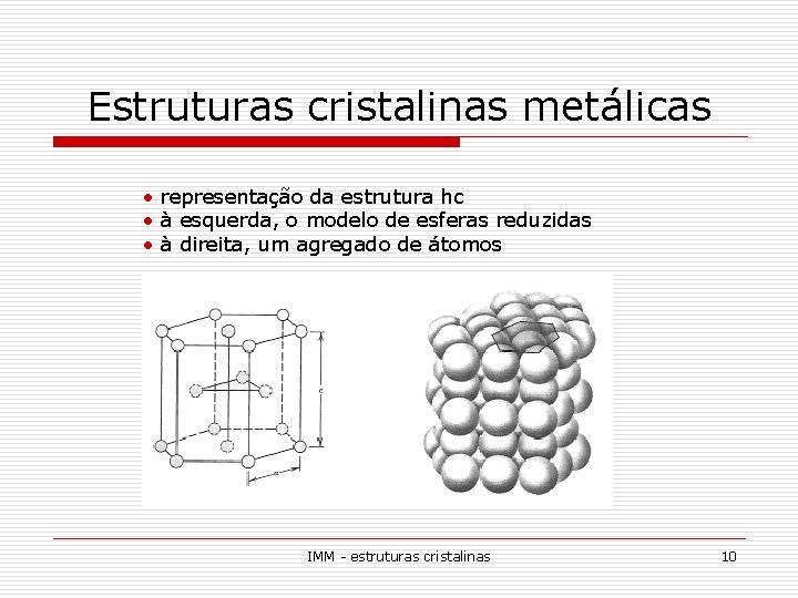 Estruturas cristalinas metálicas • representação da estrutura hc • à esquerda, o modelo de