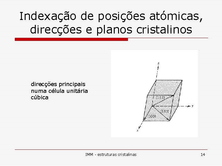 Indexação de posições atómicas, direcções e planos cristalinos direcções principais numa célula unitária cúbica