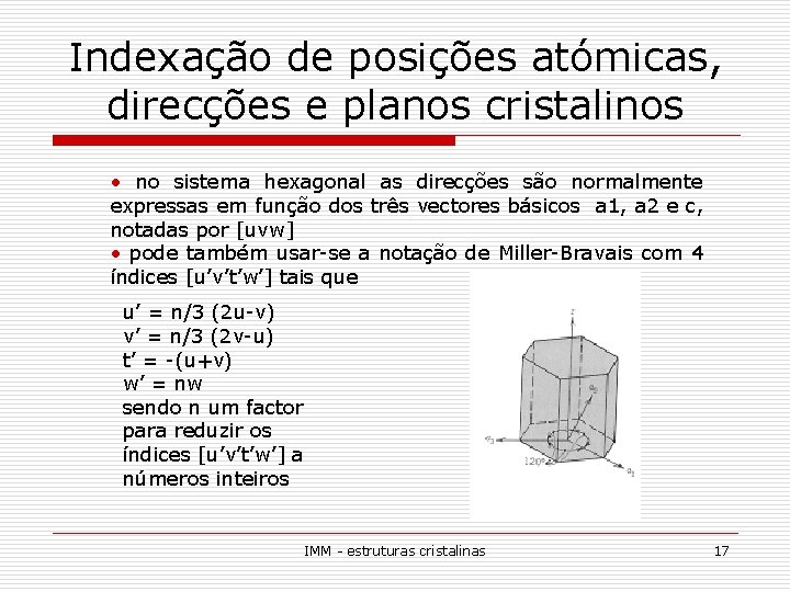 Indexação de posições atómicas, direcções e planos cristalinos • no sistema hexagonal as direcções