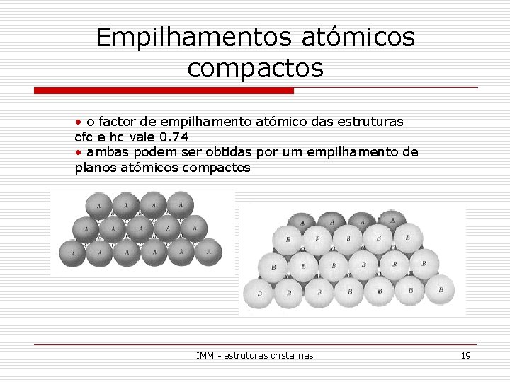 Empilhamentos atómicos compactos • o factor de empilhamento atómico das estruturas cfc e hc