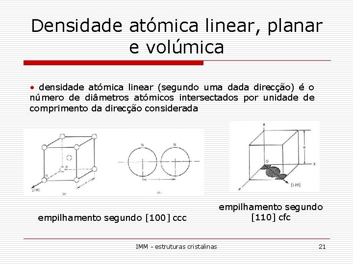 Densidade atómica linear, planar e volúmica • densidade atómica linear (segundo uma dada direcção)