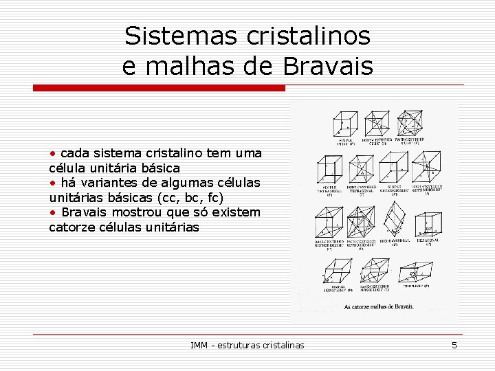 Sistemas cristalinos e malhas de Bravais • cada sistema cristalino tem uma célula unitária