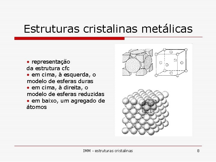 Estruturas cristalinas metálicas • representação da estrutura cfc • em cima, à esquerda, o