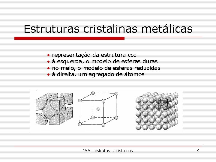 Estruturas cristalinas metálicas • representação da estrutura ccc • à esquerda, o modelo de