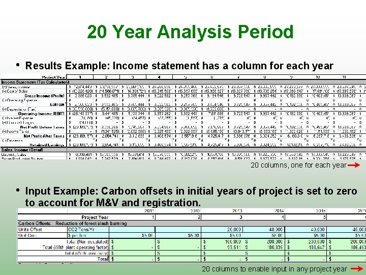 20 Year Analysis Period • Results Example: Income statement has a column for each