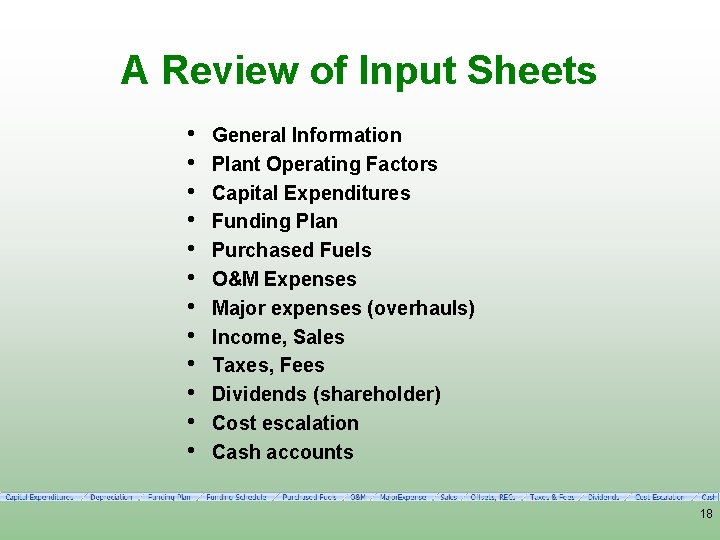 A Review of Input Sheets • • • General Information Plant Operating Factors Capital