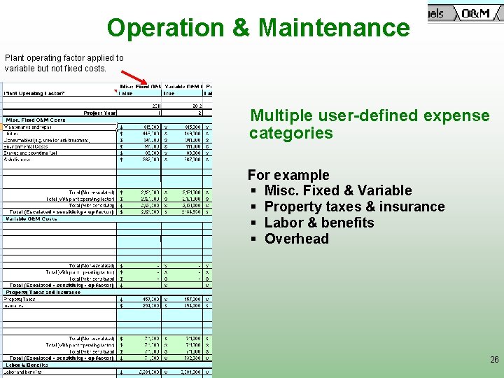 Operation & Maintenance Plant operating factor applied to variable but not fixed costs. Multiple