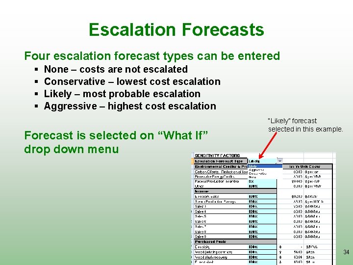 Escalation Forecasts Four escalation forecast types can be entered § § None – costs