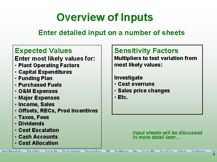 Overview of Inputs Enter detailed input on a number of sheets Expected Values Sensitivity