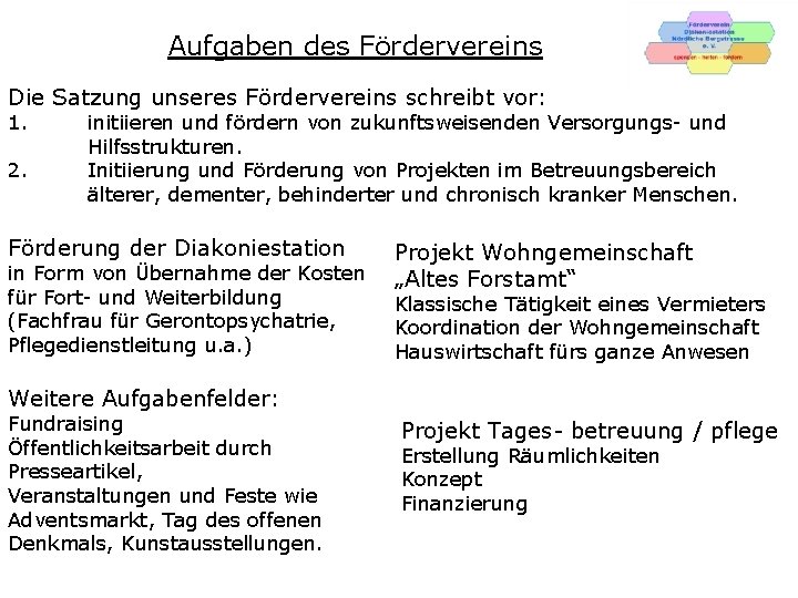 Aufgaben des Fördervereins Die Satzung unseres Fördervereins schreibt vor: 1. 2. initiieren und fördern