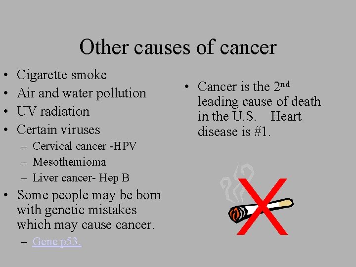 Other causes of cancer • • Cigarette smoke Air and water pollution UV radiation