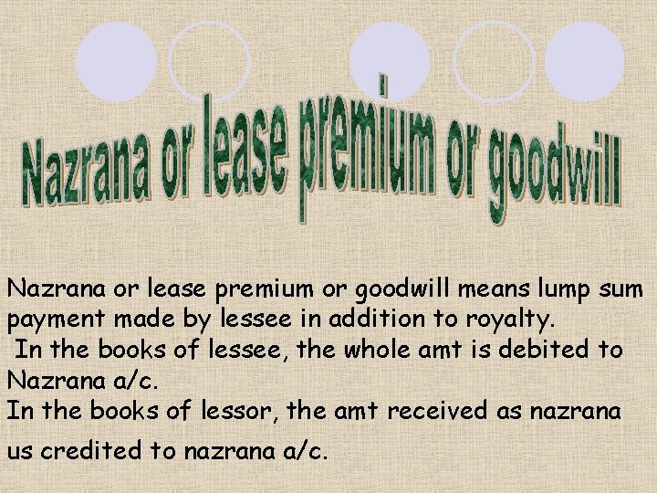Nazrana or lease premium or goodwill means lump sum payment made by lessee in