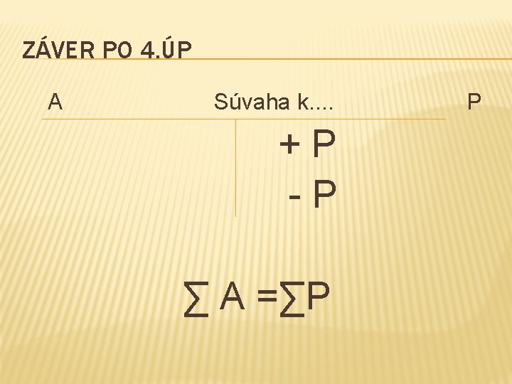 ZÁVER PO 4. ÚP A Súvaha k. . +P -P ∑ A =∑P P