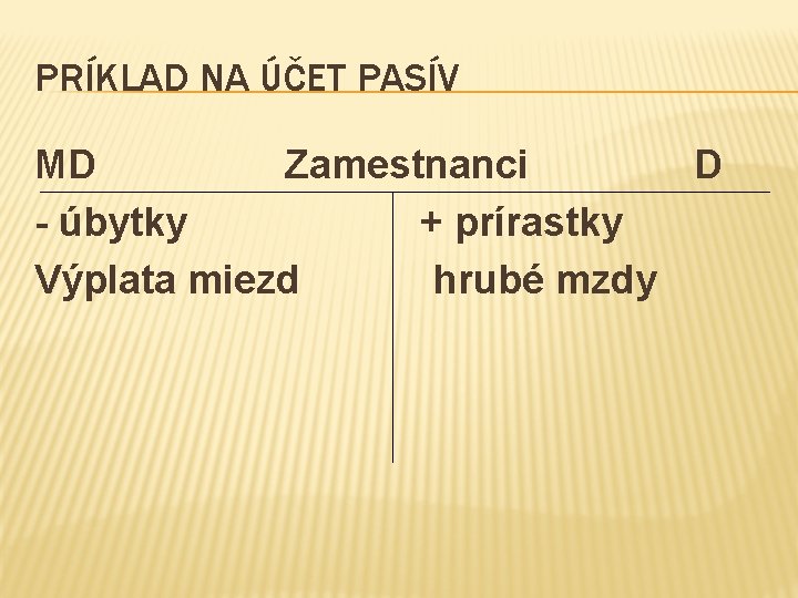 PRÍKLAD NA ÚČET PASÍV MD Zamestnanci D - úbytky + prírastky Výplata miezd hrubé