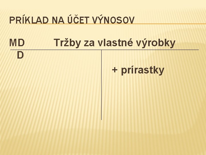 PRÍKLAD NA ÚČET VÝNOSOV MD D Tržby za vlastné výrobky + prírastky 