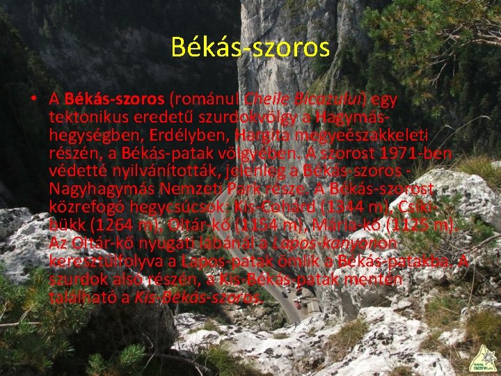Békás-szoros • A Békás-szoros (románul Cheile Bicazului) egy tektonikus eredetű szurdokvölgy a Hagymáshegységben, Erdélyben,