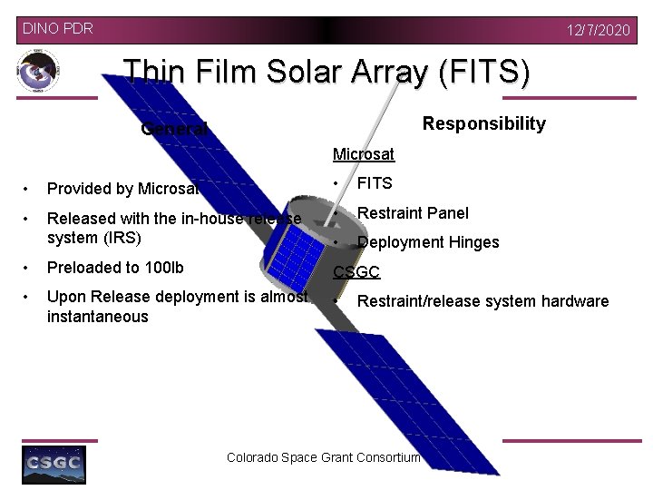DINO PDR 12/7/2020 Thin Film Solar Array (FITS) Responsibility General Microsat • Provided by