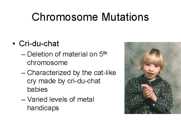 Chromosome Mutations • Cri-du-chat – Deletion of material on 5 th chromosome – Characterized