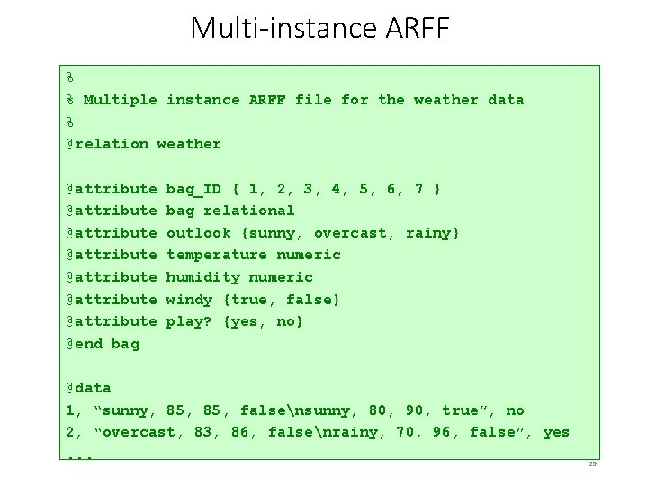 Multi-instance ARFF % % Multiple instance ARFF file for the weather data % @relation