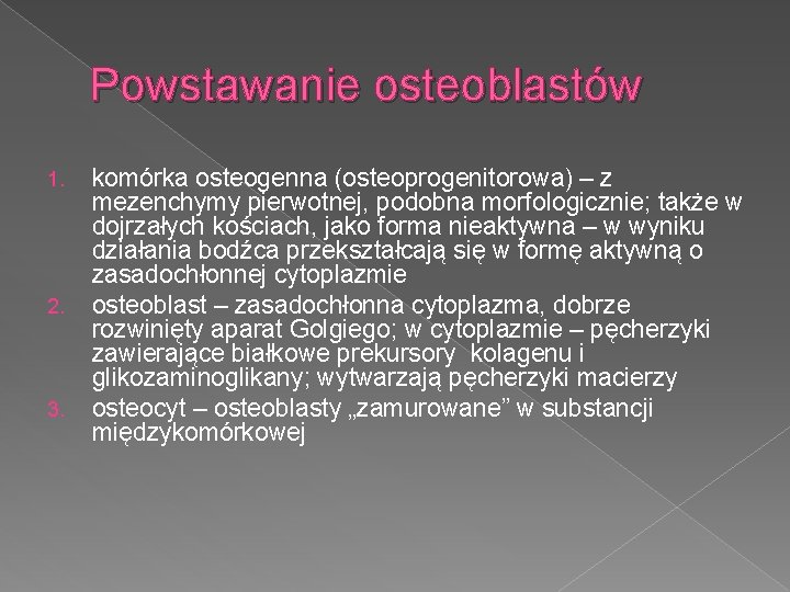 Powstawanie osteoblastów 1. 2. 3. komórka osteogenna (osteoprogenitorowa) – z mezenchymy pierwotnej, podobna morfologicznie;