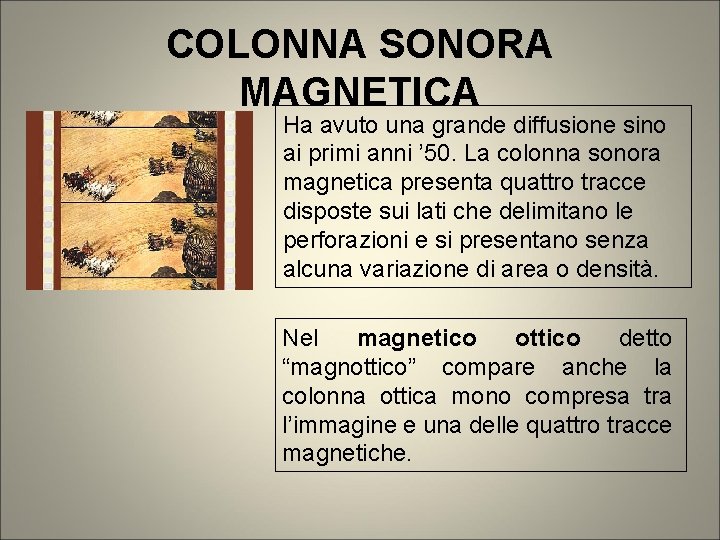 COLONNA SONORA MAGNETICA Ha avuto una grande diffusione sino ai primi anni ’ 50. COLONNA SONORA MAGNETICA Ha avuto una grande diffusione sino ai primi anni ’ 50.
